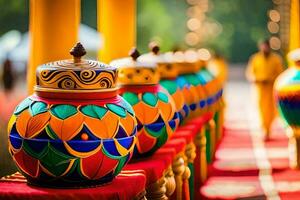 colorful vases lined up on a red carpet. AI-Generated photo