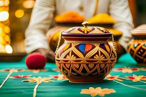 a man in a white suit is setting up a pot on a table. AI-Generated photo