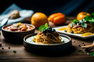 espaguetis con carne salsa y vegetales en un de madera mesa. generado por ai foto