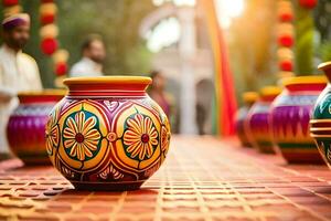 colorful vases on a table with people in the background. AI-Generated photo