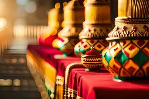 a row of colorful vases on a table. AI-Generated photo