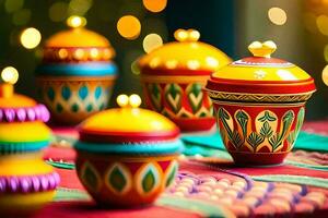 colorful diyas are sitting on a table with lights. AI-Generated photo