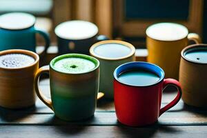 un fila de vistoso café tazas generado por ai foto