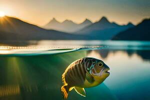 a fish swimming in the water with mountains in the background. AI-Generated photo