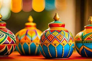 colorful decorative jars on a table. AI-Generated photo