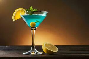 blue cocktail with lemon and mint on a wooden table. AI-Generated photo