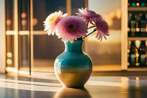 a vase with pink flowers sitting on a table. AI-Generated photo