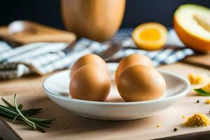 three eggs in a bowl on a cutting board. AI-Generated photo