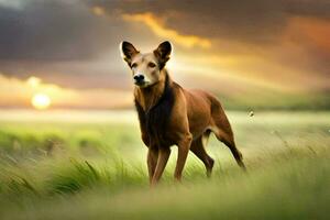 a dog is walking in a field with a sunset in the background. AI-Generated photo