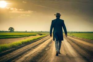 a man in a suit and hat walking down a dirt road. AI-Generated photo