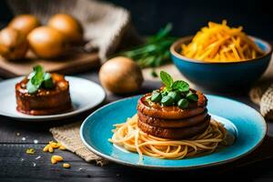 a plate of spaghetti with meat and vegetables. AI-Generated photo