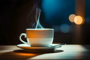 a cup of coffee on a table with a light. AI-Generated photo