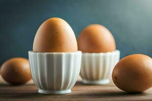 marrón huevos en blanco tazas en un de madera mesa. generado por ai foto