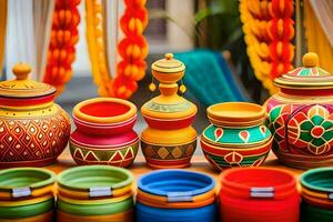 colorful pots and vases are displayed on a table. AI-Generated photo