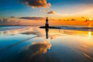 a lighthouse stands on the beach at sunset. AI-Generated photo