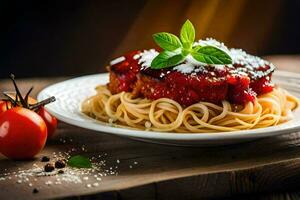 spaghetti with tomato sauce and basil leaves on a plate. AI-Generated photo