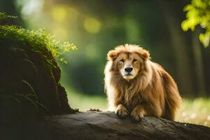 a lion sitting on a rock in the woods. AI-Generated photo