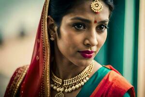 a beautiful indian woman wearing a red sari and gold jewelry. AI-Generated photo