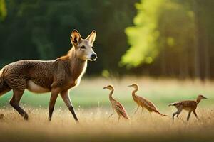 a deer and two birds walking in a field. AI-Generated photo