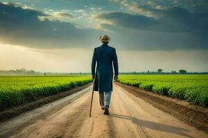 a man in a suit walks down a dirt road in front of a field. AI-Generated photo