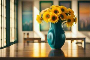 sunflowers in a vase on a table. AI-Generated photo