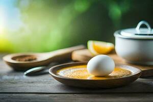 huevos en un cuenco en un de madera mesa. generado por ai foto