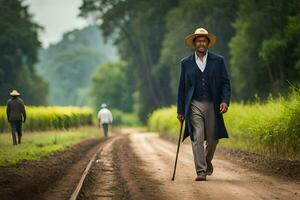 a man in a suit and hat walking down a dirt road. AI-Generated photo