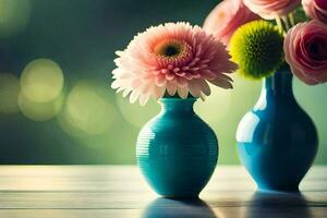 two blue vases with pink flowers on a table. AI-Generated photo