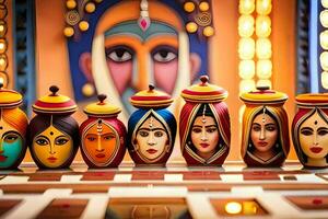 a row of colorful pots with faces painted on them. AI-Generated photo