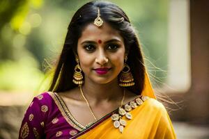 a beautiful indian woman in a yellow sari. AI-Generated photo