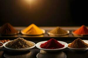 various spices in bowls on a table. AI-Generated photo