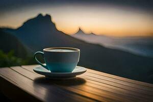 coffee cup on the table with mountains in the background. AI-Generated photo