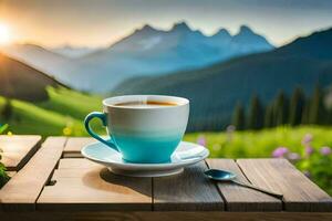 café taza en el mesa con montañas en el antecedentes. generado por ai foto