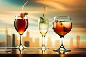 three glasses of different drinks with city skyline in the background. AI-Generated photo