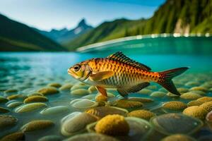 un pescado es en pie en el rocas en un lago. generado por ai foto