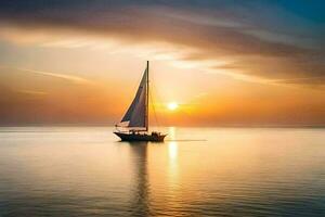 a sailboat is sailing in the ocean at sunset. AI-Generated photo