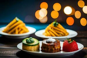 Tres platos con comida en un de madera mesa. generado por ai foto