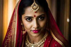 a beautiful indian bride in red and gold. AI-Generated photo