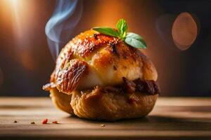 a close up of a baked potato with bacon and herbs. AI-Generated photo
