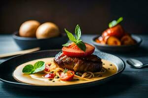 a plate of food with meat and vegetables. AI-Generated photo
