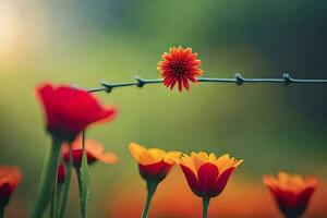 flowers on a barbed wire fence. AI-Generated photo