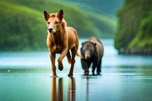 un caballo y un oso caminando en el agua. generado por ai foto