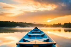 the boat is on the lake at sunset. AI-Generated photo