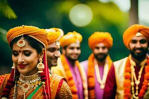 a group of indian wedding guests in traditional attire. AI-Generated photo