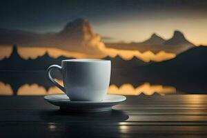 coffee cup on a table with mountains in the background. AI-Generated photo