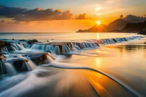 un hermosa puesta de sol terminado el Oceano con cascadas generado por ai foto