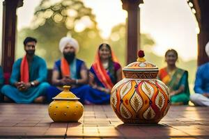 a group of people in colorful clothing sitting around a pot. AI-Generated photo