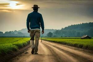 a man walking down a dirt road in the middle of a field. AI-Generated photo