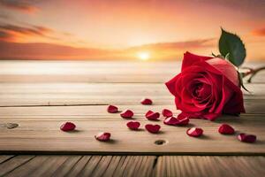 a single red rose on a wooden table with petals scattered around it. AI-Generated photo