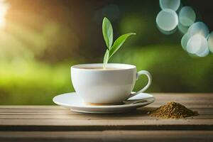 a cup of tea with a sprout. AI-Generated photo